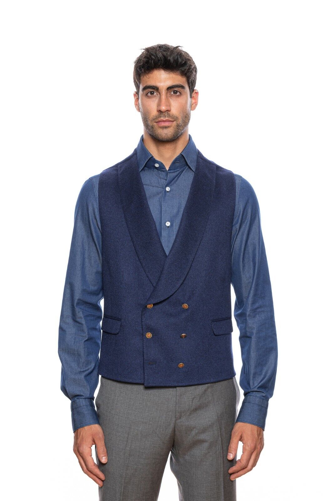 $3050 BELVEST Blue Pure Cashmere Jacket + Vest Double Breasted 46 US / 56 EU 6R