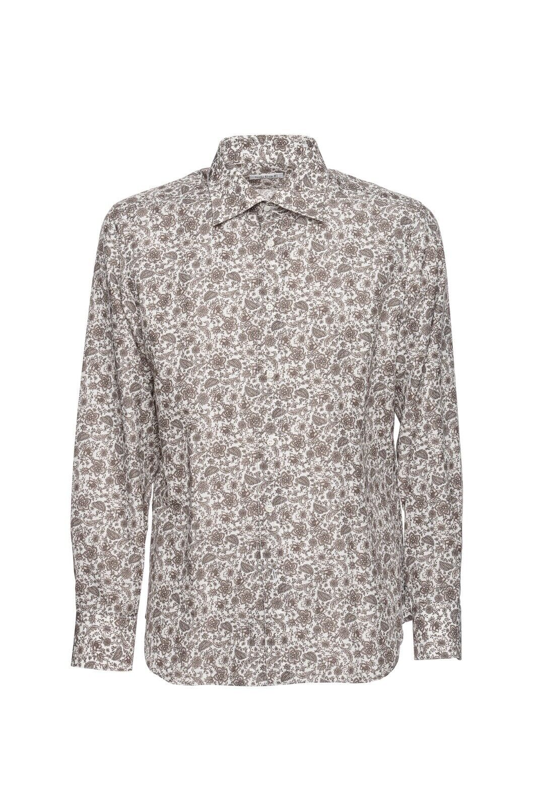 850$  LUXURY ITALO FERRETTI Shirt Brown "FLORAL" Cotton + Silk  Size L BIJAN