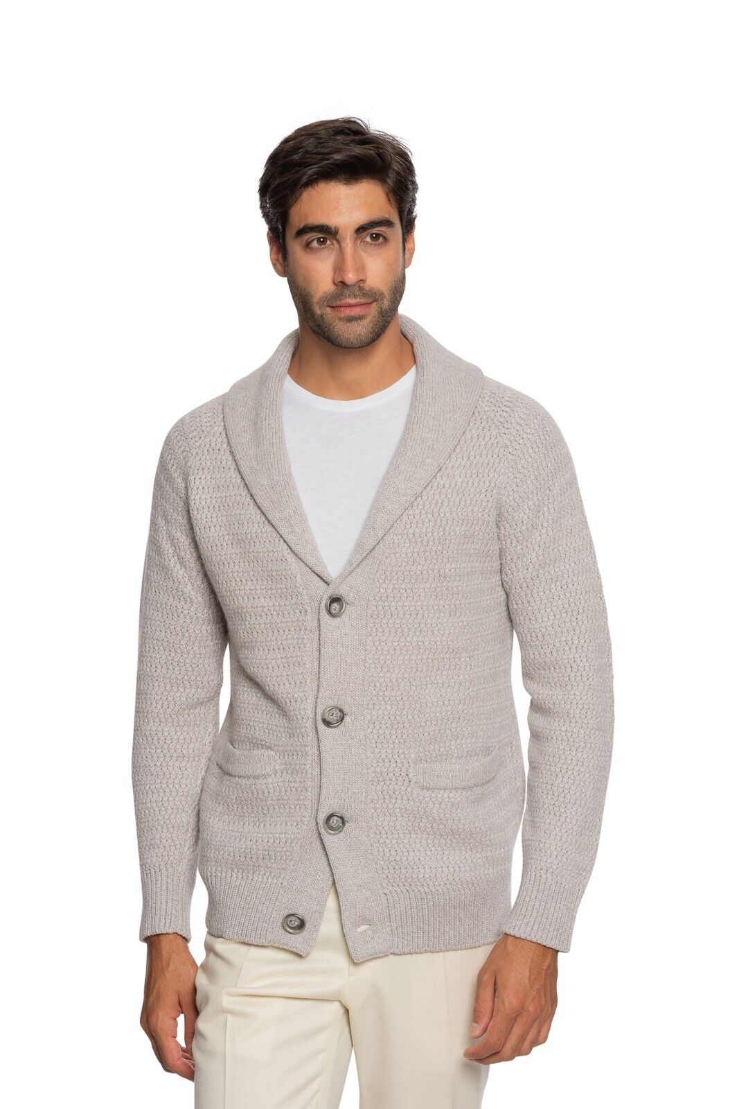 $1900 FEDELI CASHMERE Beige Jacket Cardigan Thick 100% Cashmere Shawl Collar