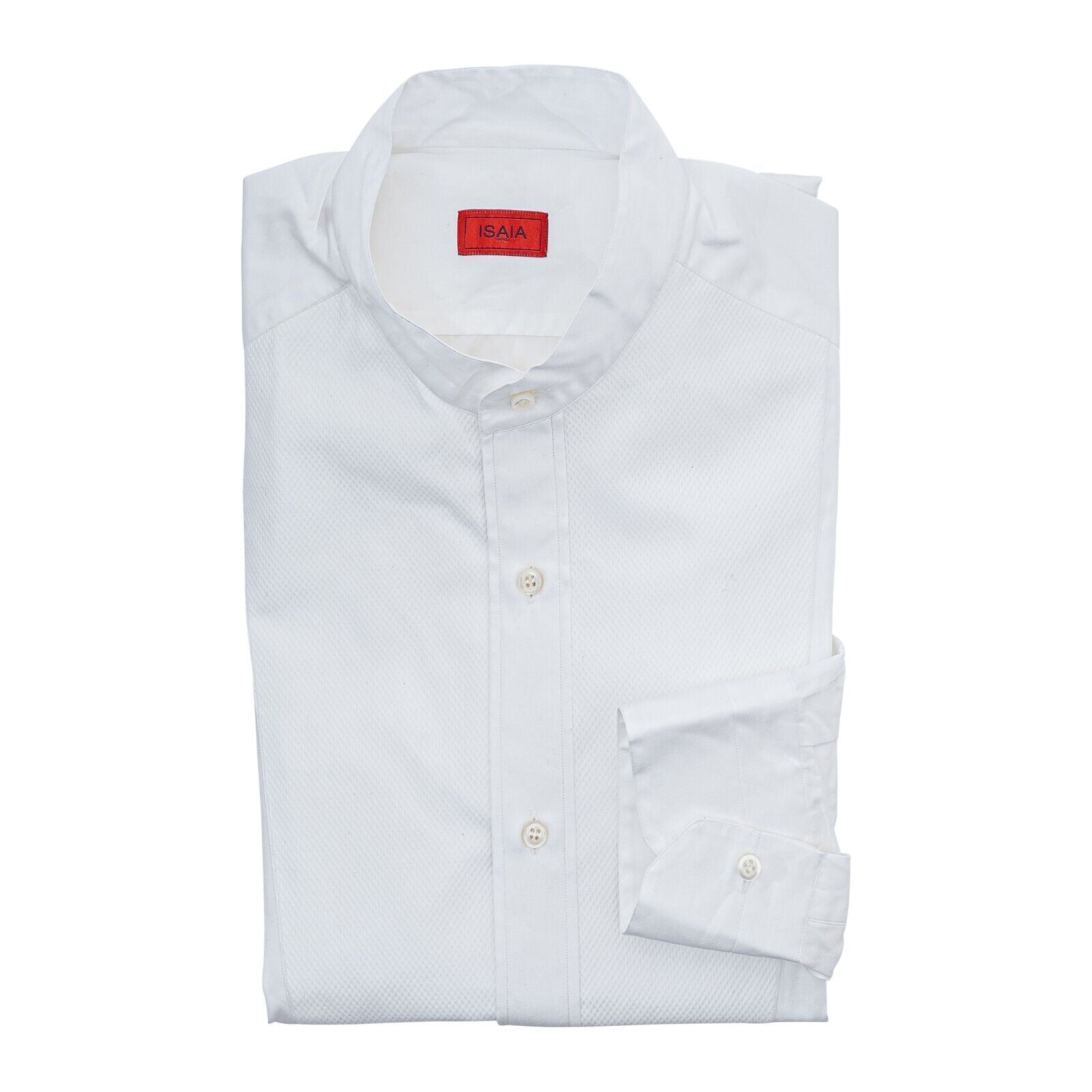 750$ ISAIA NAPOLI White Hand-Sewn Korean Tuxedo Shirt Jacquard 15.5 - 39