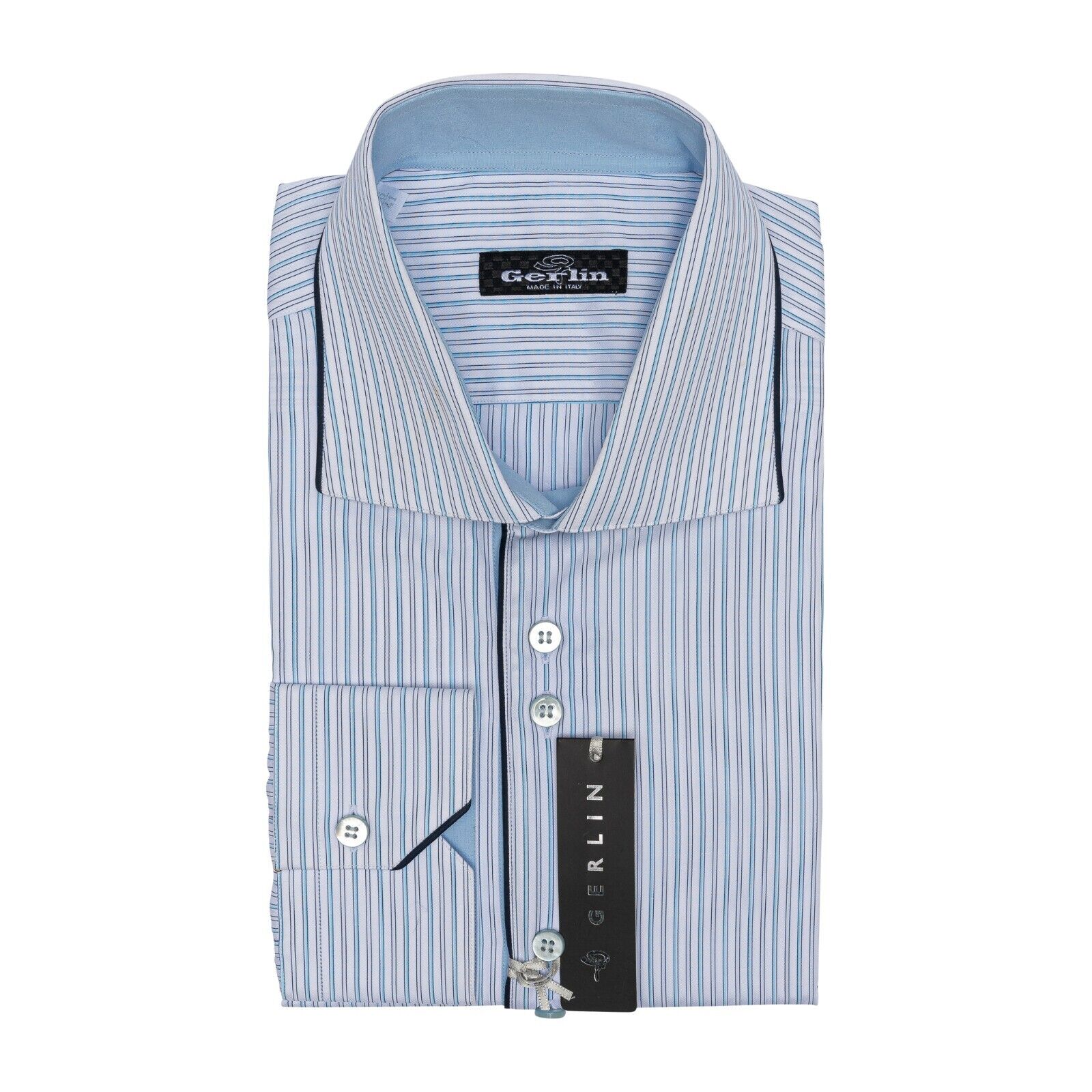 690$ LUXURY GERLIN Shirt Striped Blue Twill Cotton 16 - 41 2AB ZILLI