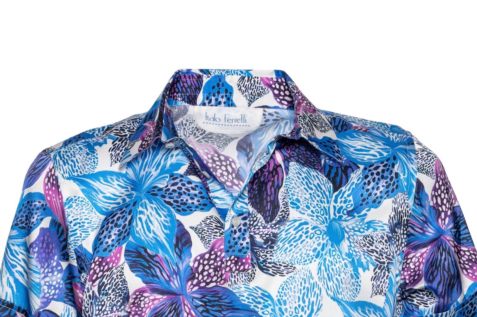 750$ ITALO FERRETTI " FLORAL " Polo Blue 100% Silk STRETCH COMO Size L BIJAN