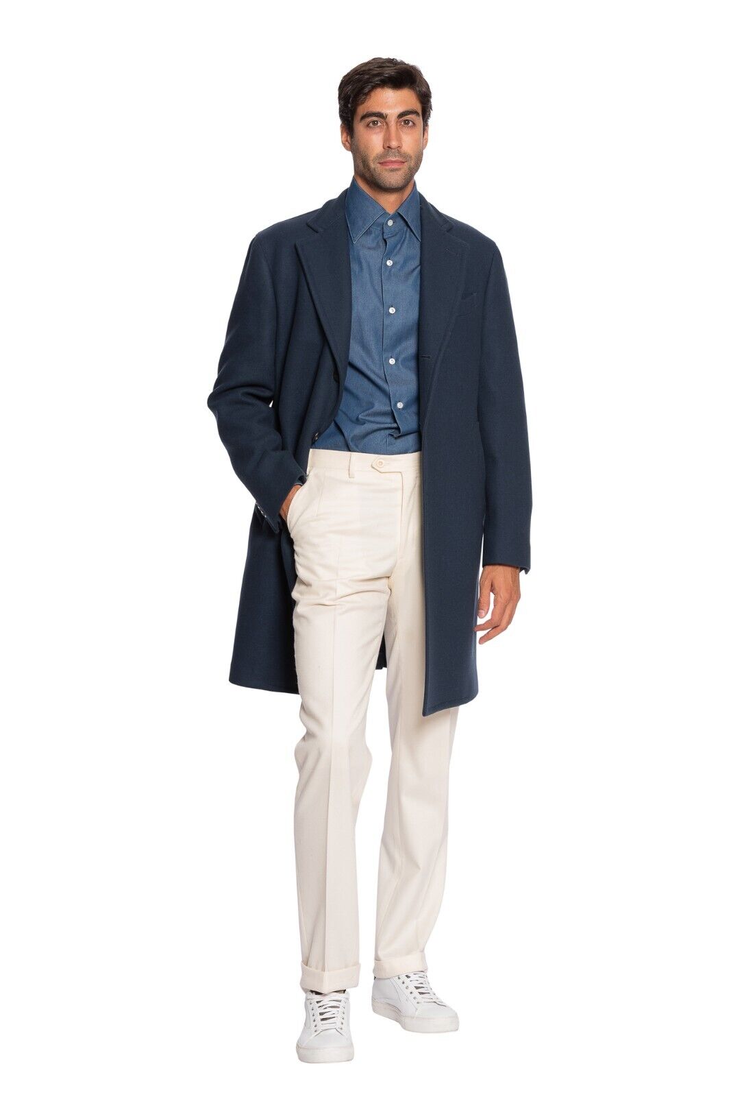 $1800 BOGLIOLI MILANO Blue Single Breasted Solid Long Coat Heavy Twill Wool