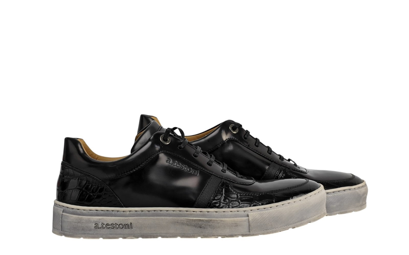 750$ TESTONI Sneaker Shoes Brushed Calf Printed Crocodile 8 UK / 9 US / 42 IT