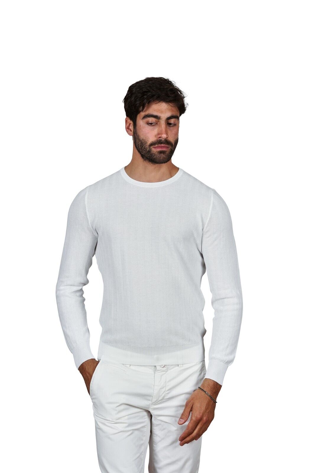 260$ Italian Luxury GRAN SASSO Knit Sweater " Fresh Cotton " White Herringbone