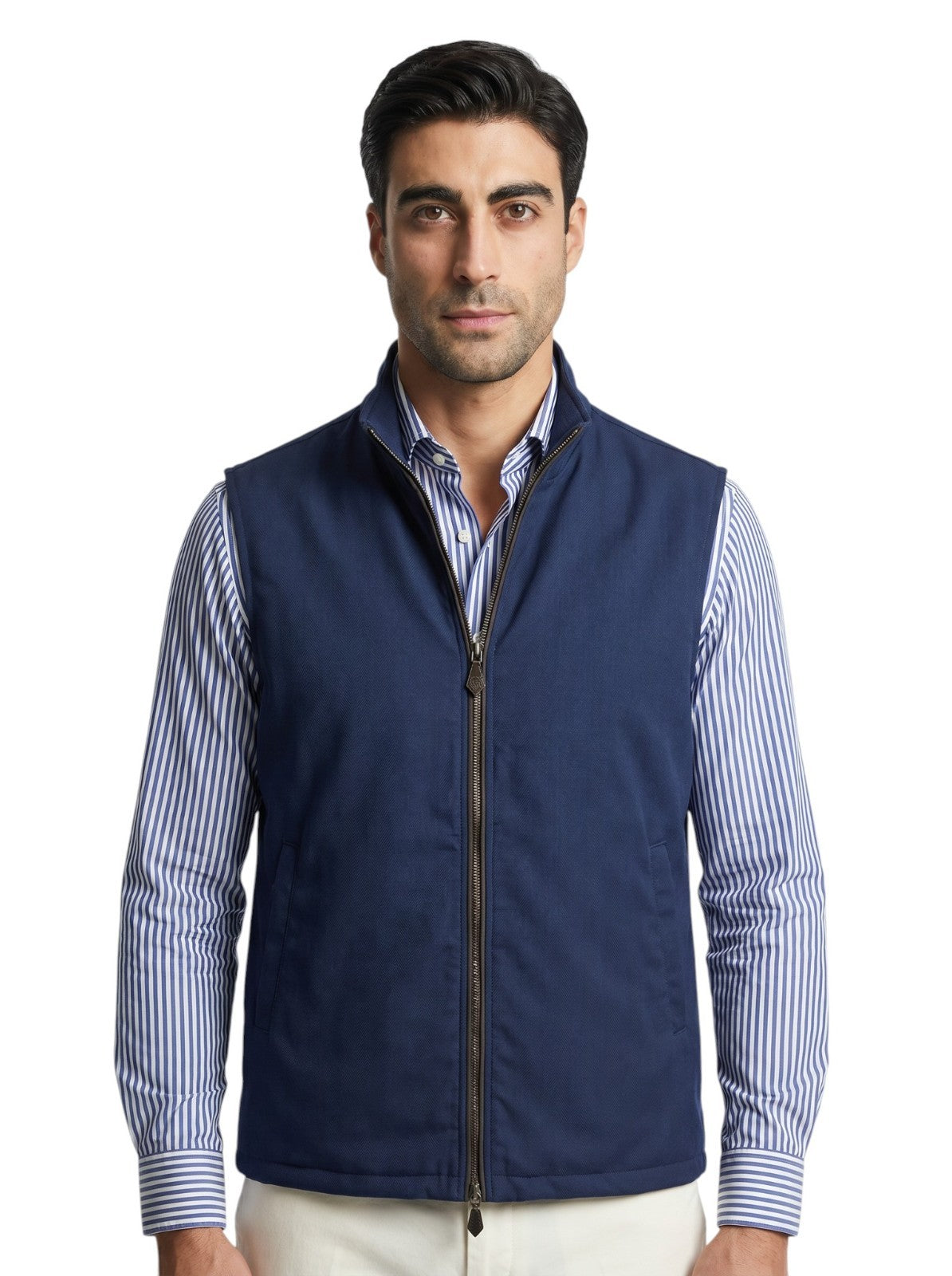 2790$ ISAIA NAPOLI Blue Vest Jacket Techno Wool + Leather 40 US / 50 EU