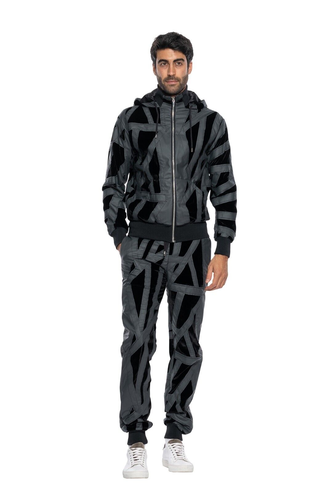 3500$ ITALO FERRETTI Tracksuit Jogging Suit Black "PATCHWORK" 100% Silk  Size M