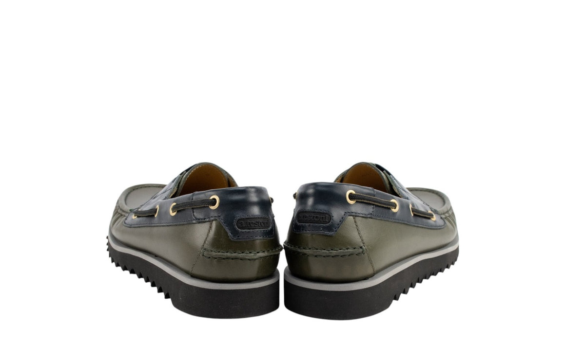 900$ TESTONI Boat Loafer Shoes Calf Green Army Blue Navy 8 UK / 9 US / 42 IT