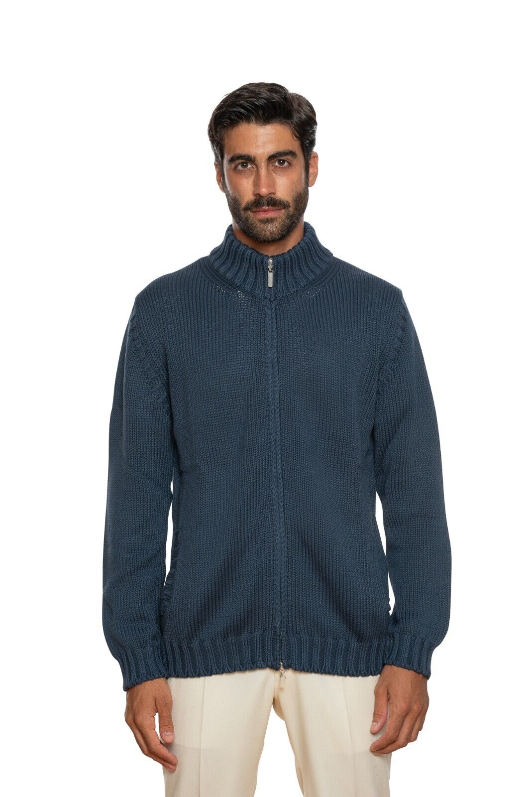 550$ DELLA CIANA CASHMERE Thick Bomber Cardigan Cable Knit Heavy Cotton Dark Blu