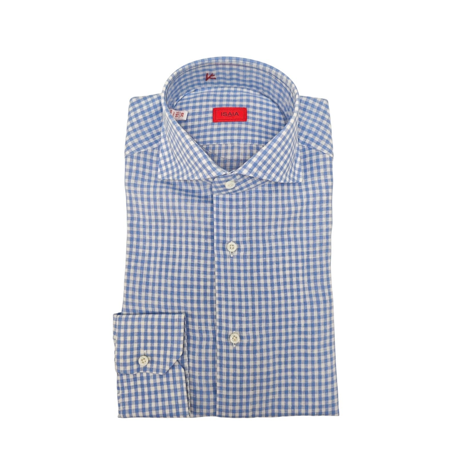 765$ ISAIA NAPOLI "Mix" Blue Dress Shirt Checks Hand-Sewn 100% Linen 15.5 - 39