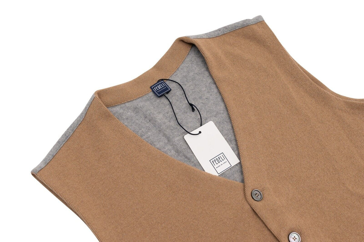 $1800 FEDELI "Baltimora" Beige / Gray Cardigan Vest 100% Cashmere 46 US / 56 EU
