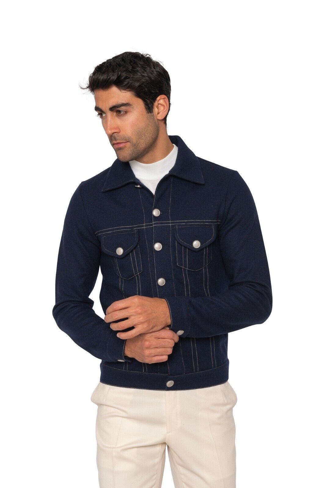$2200 FEDELI CASHMERE Blue Jacket Trucker 100% Double Cashmere 42 US / 52 EU