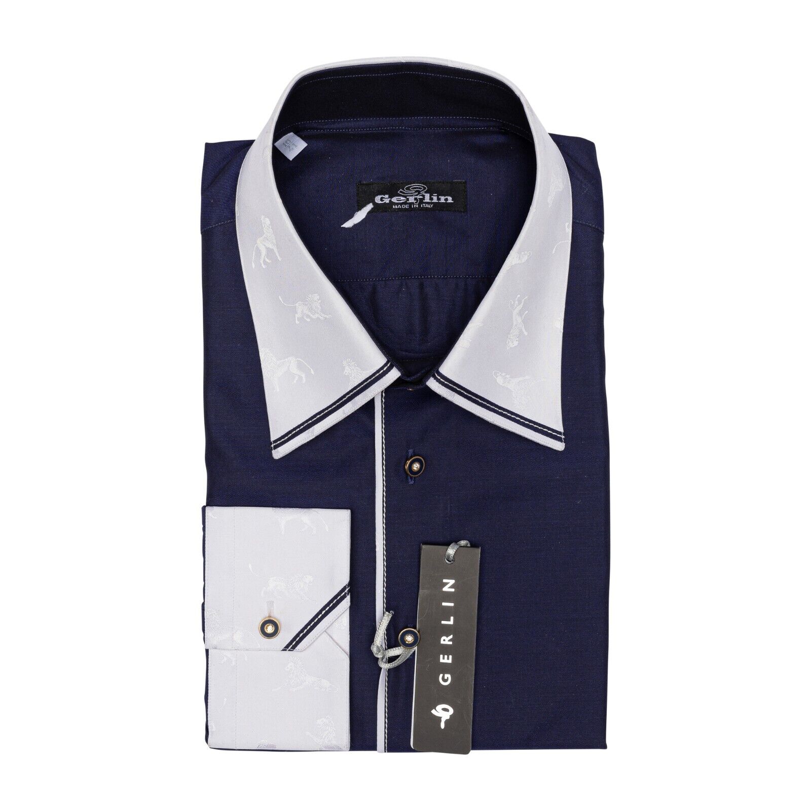 750$ LUXURY GERLIN Shirt "LIONS" Blue ALUMO Cotton 16 - 41 6A BIJAN