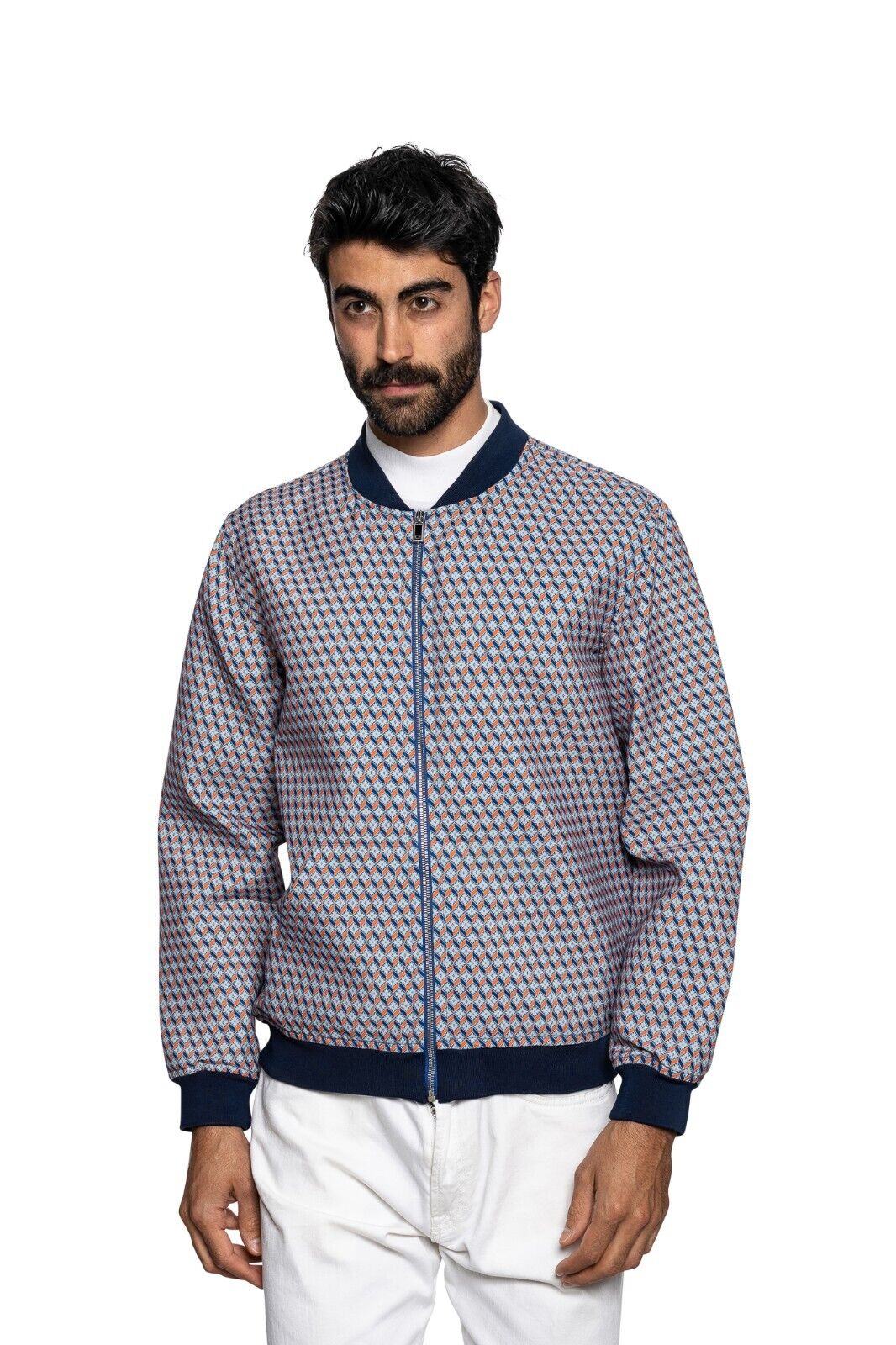 1600$ FABIO CAVIGLIA Bomber Jacket "MEDALLION" Blue / Orange 40 US / 50 EU