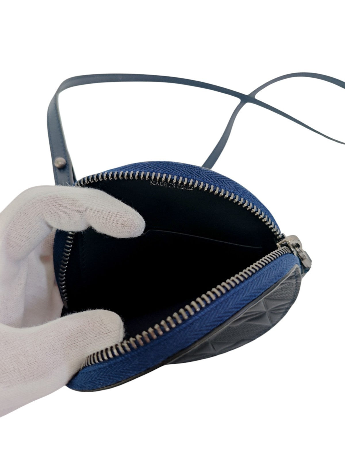 210$ PINEIDER FIRENZE 1774 Mini Crossbody Round Coin Case Embossed Calf Blue