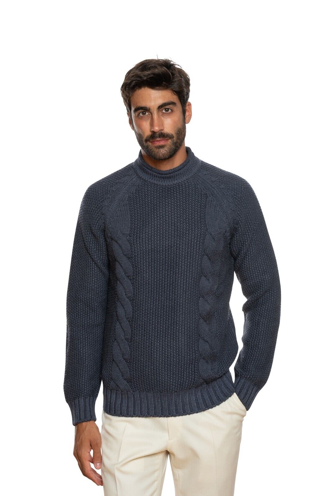 450$ DELLA CIANA CASHMERE Thick Sweater Ribbed Merinos Wool Blue Dyed Process
