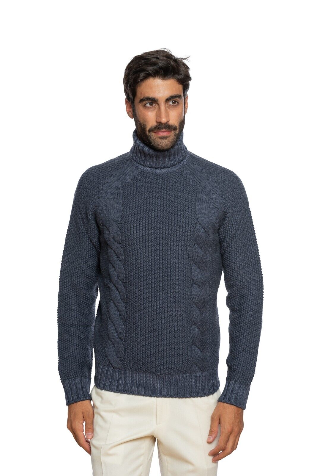 450$ DELLA CIANA CASHMERE Thick Sweater Ribbed Turtleneck Merinos Wool Blue Dyed