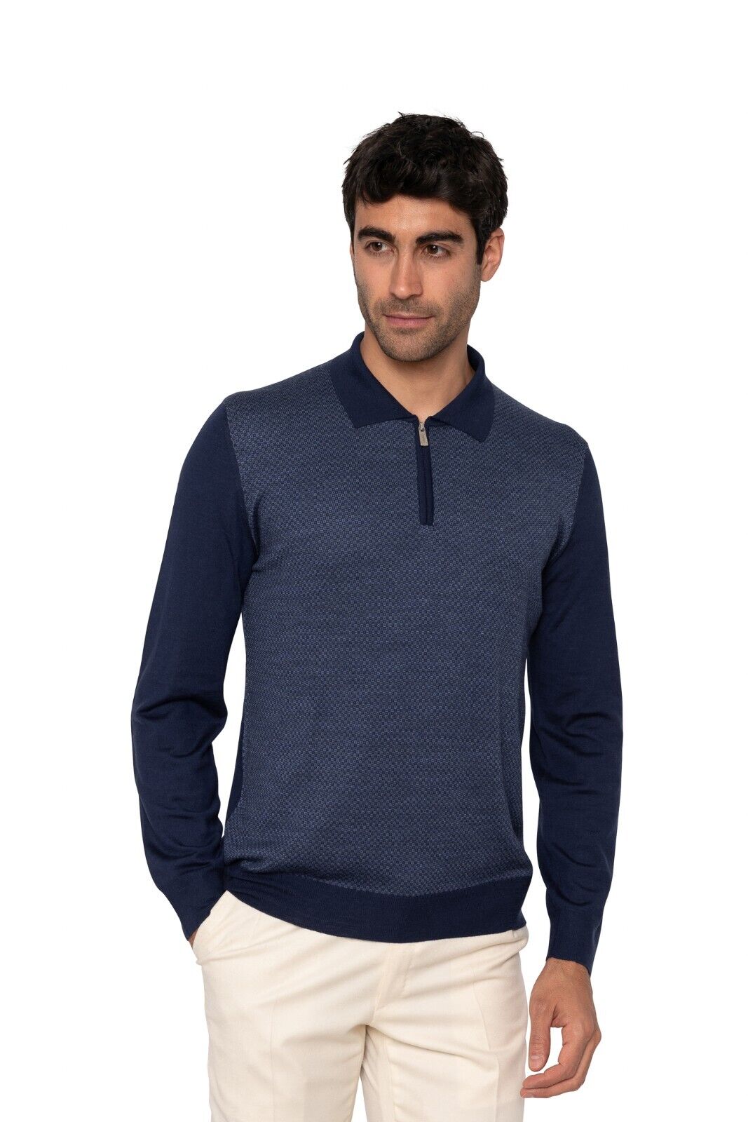$1200 FEDELI CASHMERE Blue Sweater Half Zip Jacquard Fine Wool 140's 40 US 50 EU
