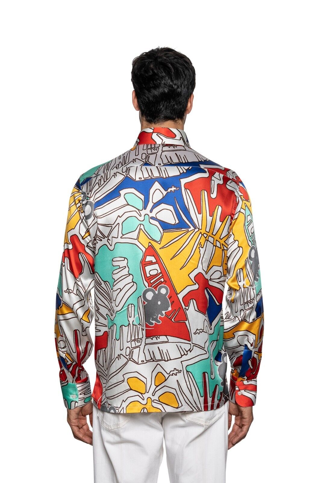 1400$ LUX ITALO FERRETTI "ART PICTURE" Shirt 100% Satin Silk COMO Sz. L BIJAN