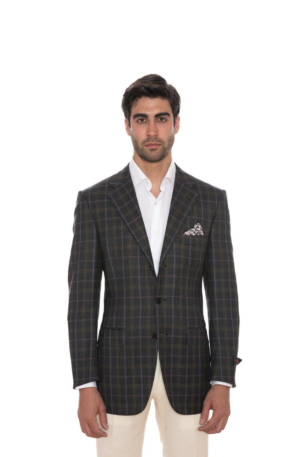 $2195 D'AVENZA Charcoal Wool Jacket Windowpane Hand-Sewn in Italy 40 US / 50 EU