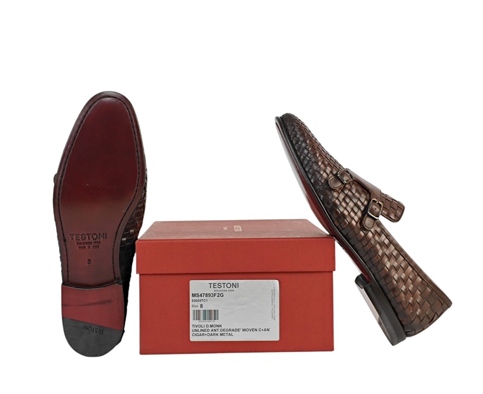 1250$ TESTONI "Tivoli" Brown Unlined Loafer Monk Shoes Woven 8 UK / 9 US / 42 IT