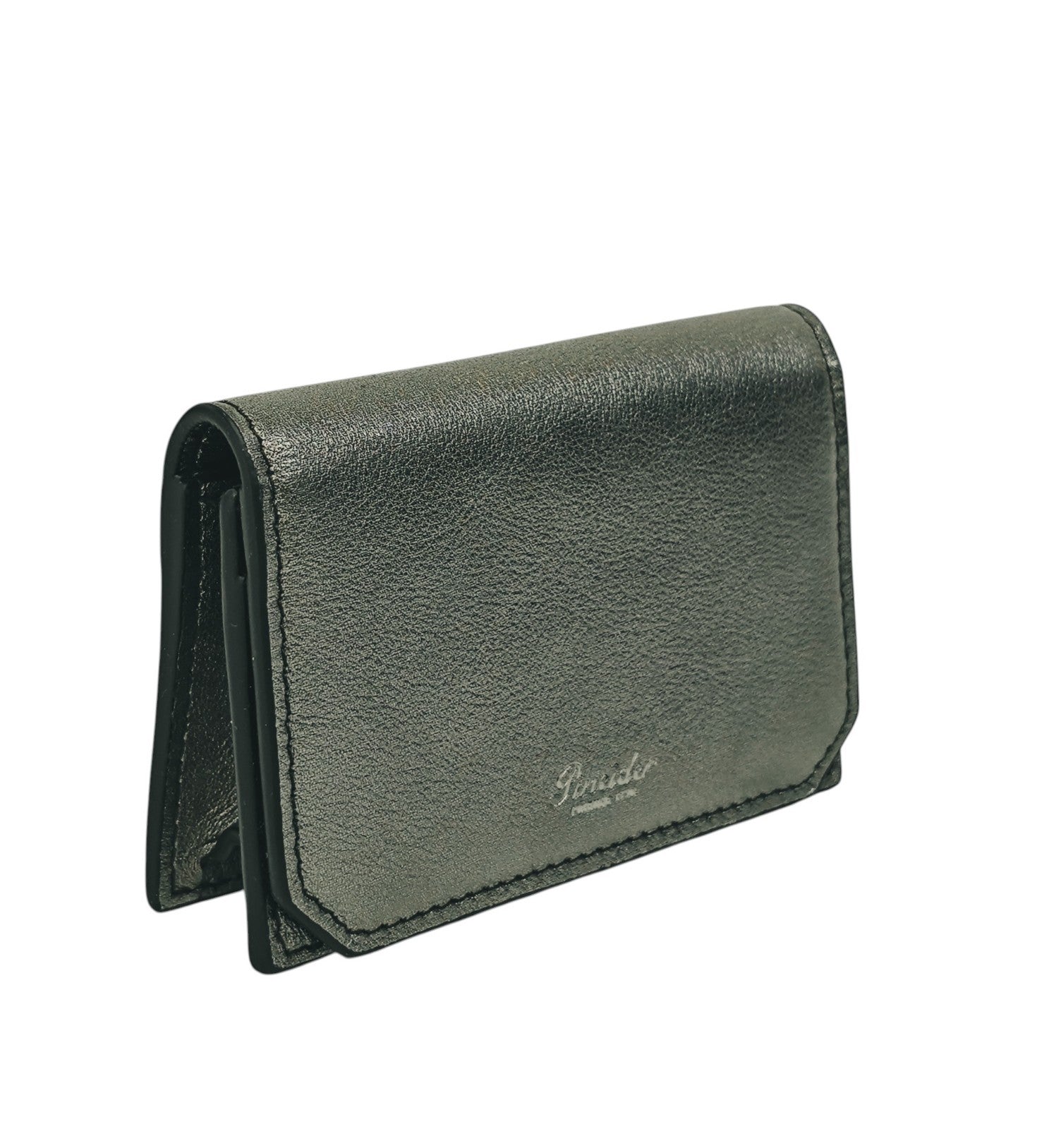 260$ PINEIDER FIRENZE 1774 Leather Folded Card Holder Laminated Silver