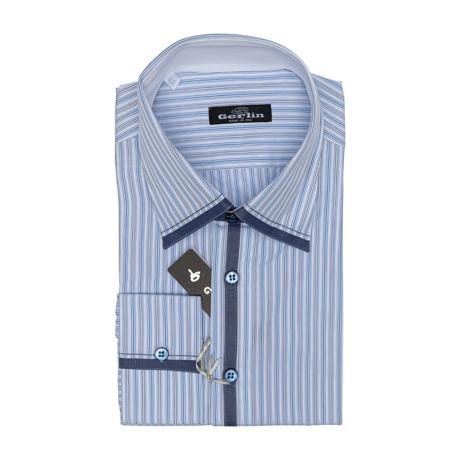 690$ LUXURY GERLIN Shirt Striped Blue Jacquard Cotton 16 - 41 3L ZILLI