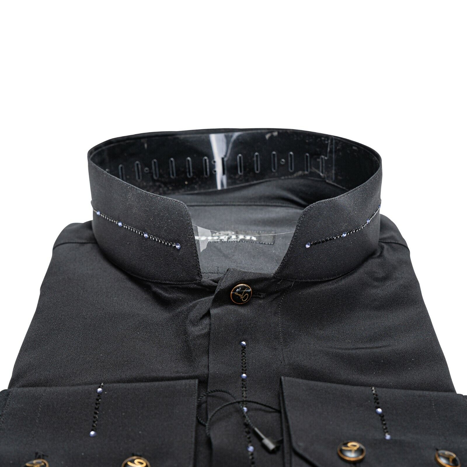 LUXURY 1400$ GERLIN Korean Shirt Strass Black 100% Silk 16-41 BIJAN