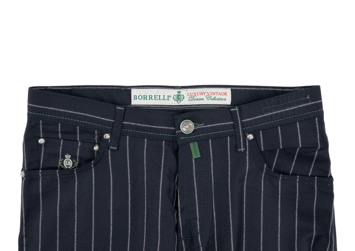470$ LUIGI BORRELLI NAPOLI Blue Navy Striped 5 Pocket Pant Wool 34 US / 50 EU