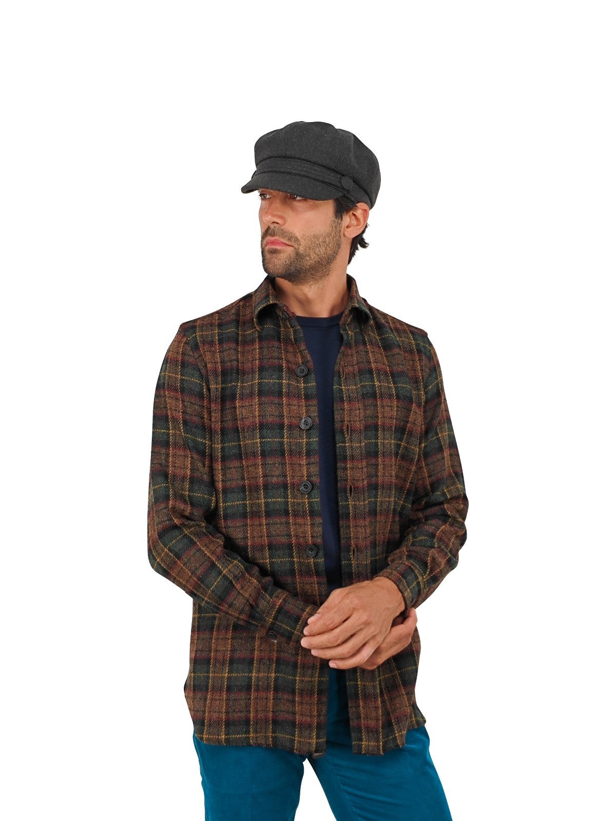 $950 RUBINACCI NAPOLI Brown Green Checks Overshirt Jacket Flannel Wool Size S