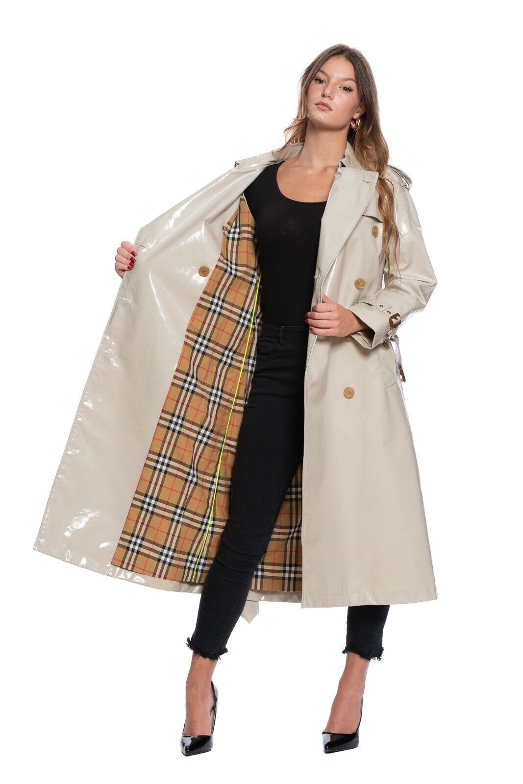 $2350 BURBERRY EASTHEATH Trench Coat Coated Cotton Check Laminated Stone