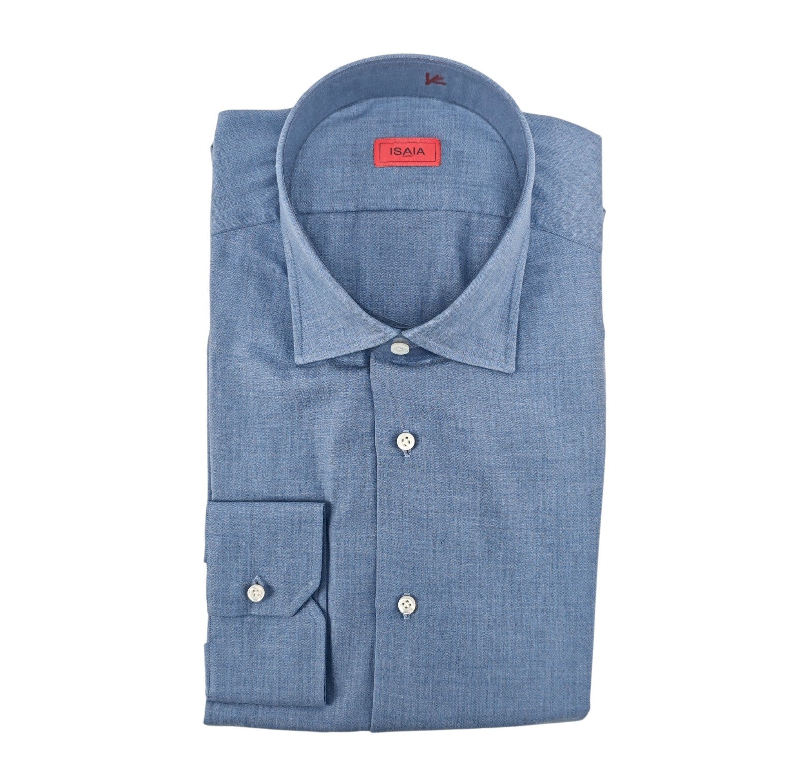 780$ ISAIA Dress Shirt Medium Blue Herringbone Fine Cotton 17.5 - 44