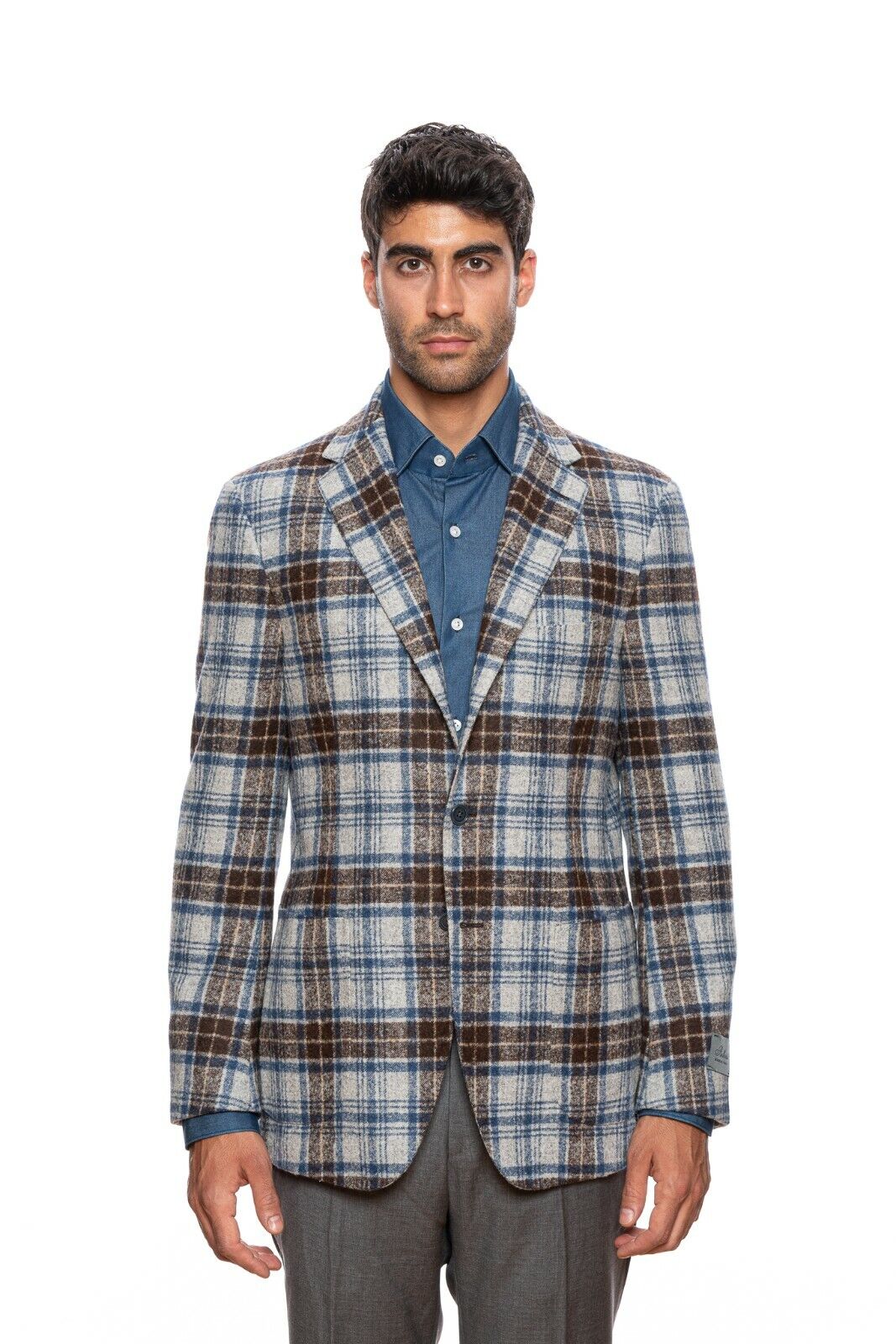 $2190 BELVEST Gray Blue Brown Check Baby Alpaca Wool Jacket 42 US  52 EU Drop 7R