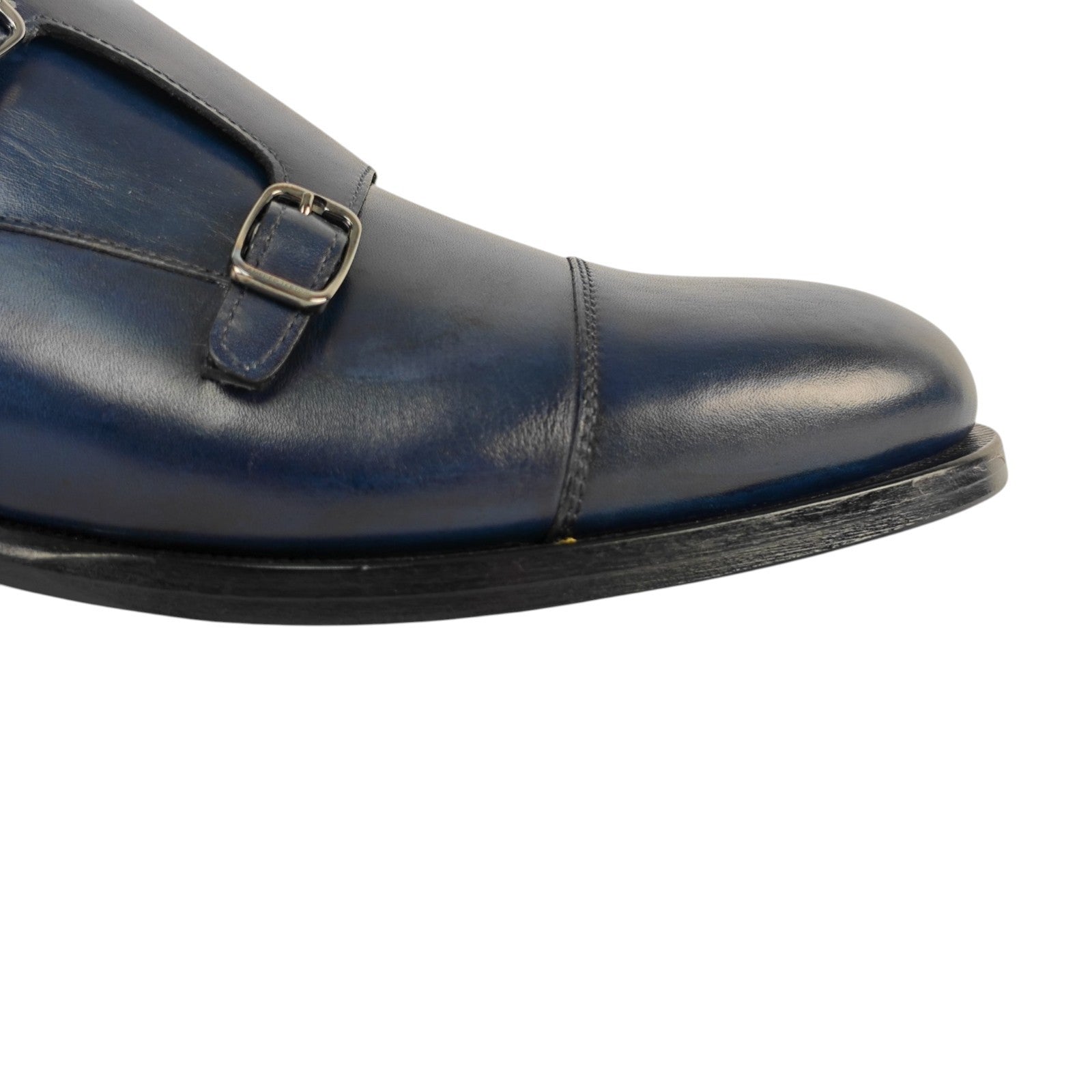 1250$ TESTONI "Trento" Blue Double Monk Shoes Antiqued Calf 8 UK / 9 US / 42 IT