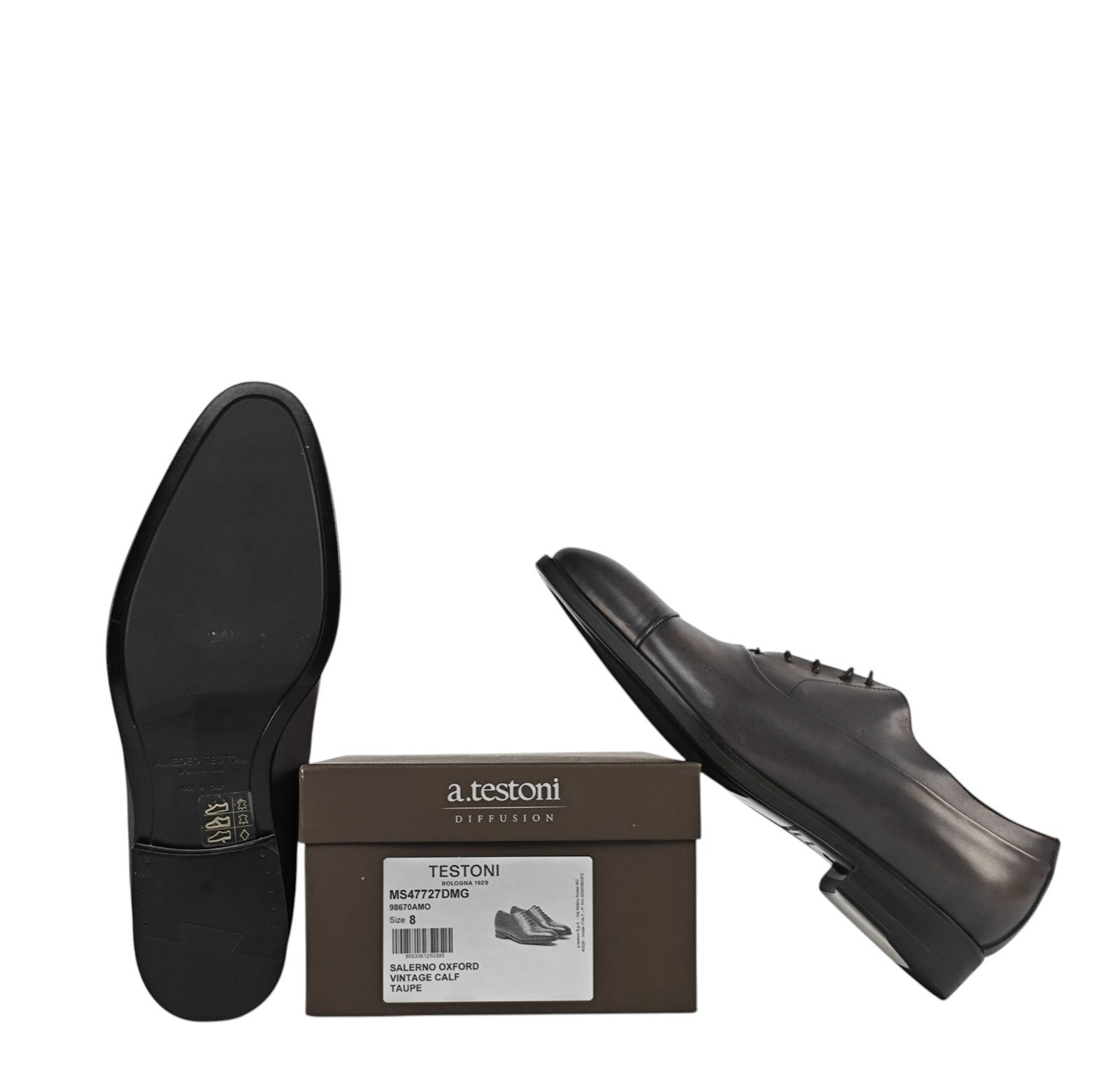 1100$ TESTONI Bologna "Salerno" Oxford Shoes Vintage Calf Taupe 8 UK 9 US 42 IT