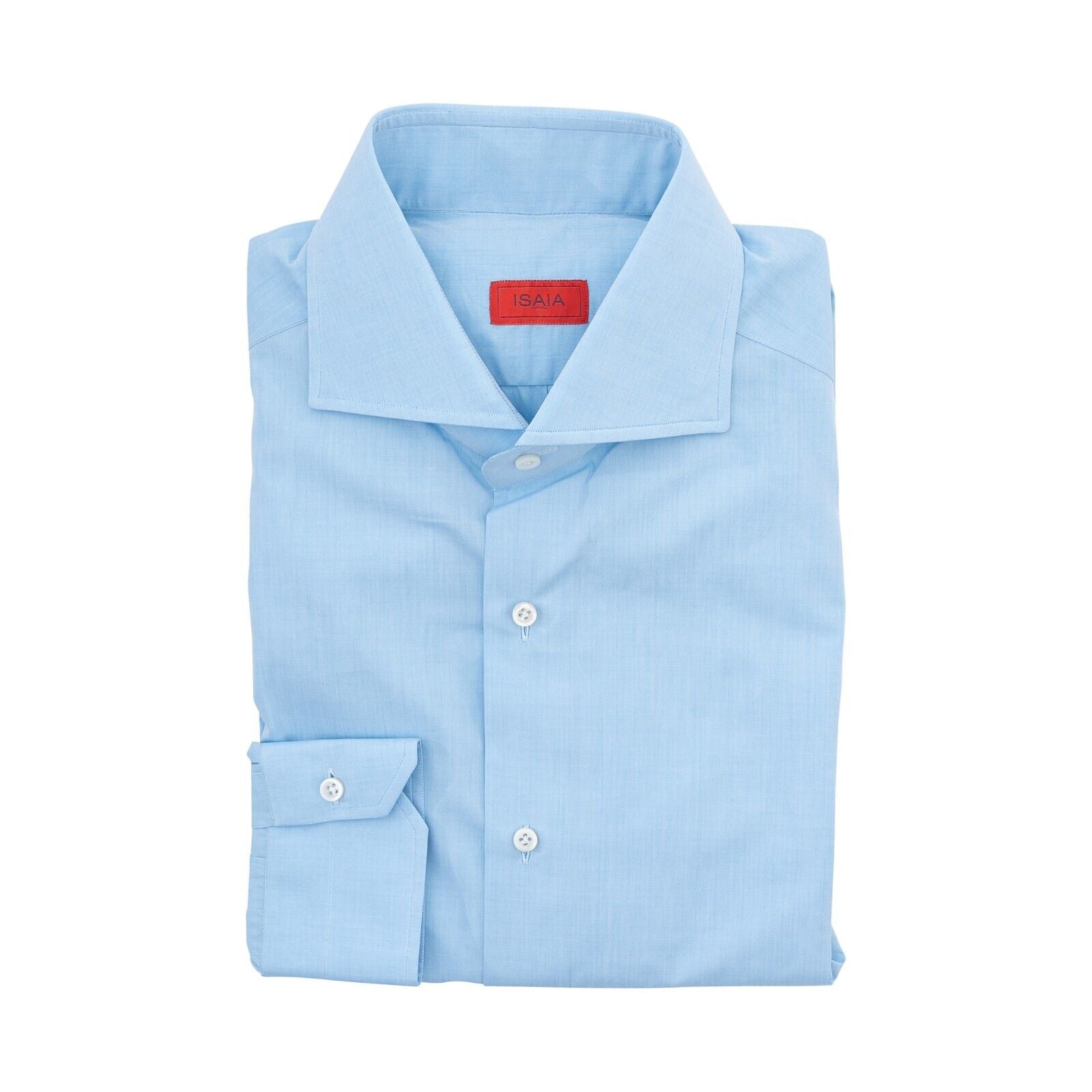 690$ ISAIA NAPOLI Solid Blue Hand-Sewn Sartorial Mix Dress Shirt Fine Cotton