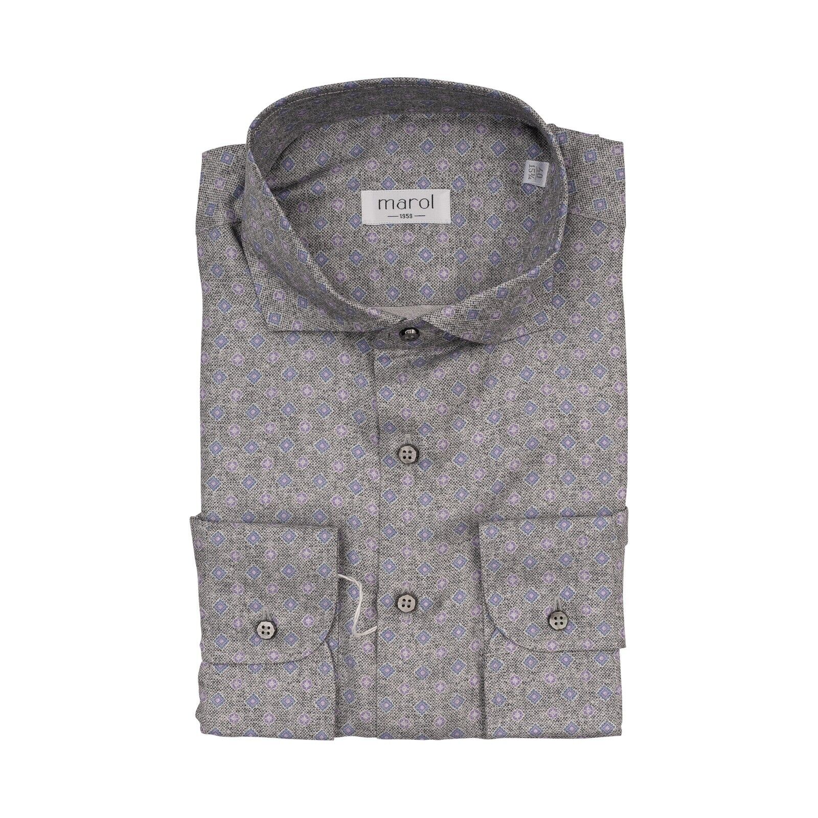 1400$ LUXURY MAROL BOLOGNA Geometric Shirt Gray 100% COMO SILK Satin 15.75 - 40