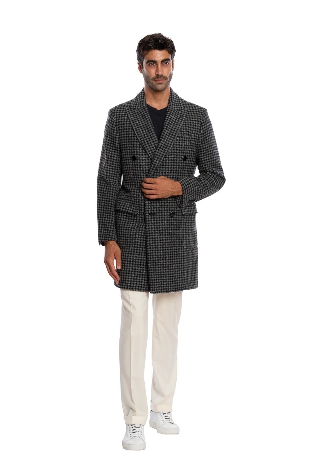 $2950 LUIGI BORRELLI NAPOLI Hand-Sewn Grey Coat Double Breasted Wool Cotton