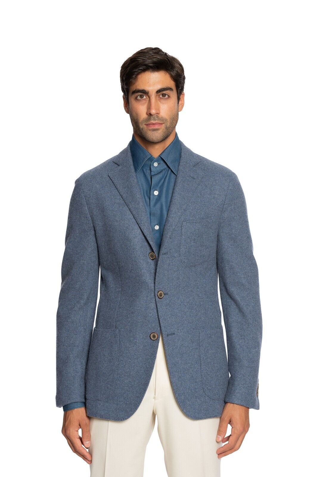 $2800 FEDELI CASHMERE Blue Blazer Jacket 100% Cashmere + Leather 38 US / 48 EU