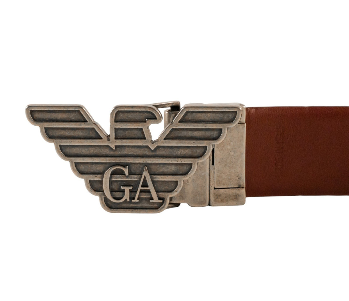 $520 GIORGIO ARMANI Belt Eagle GA Buckle Brown Wine Leather Reversible Size 110