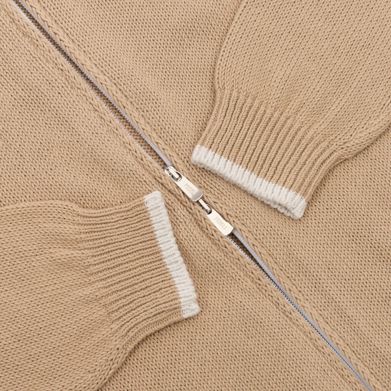 $1100 FEDELI CASHMERE Beige Cardigan Sweater Full Zip Cotton 40 US / 50 EU