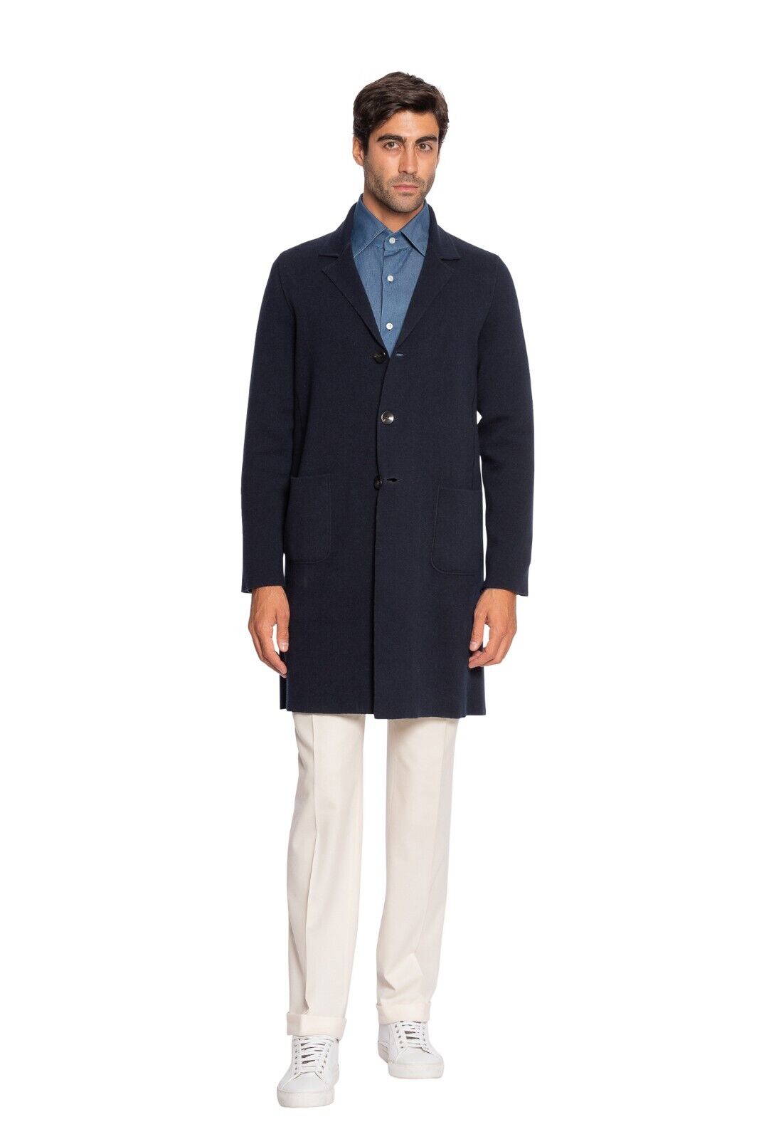 $1600 BOGLIOLI MILANO Dark Blue Long Coat Knit LLAMA & CASHMERE Size M