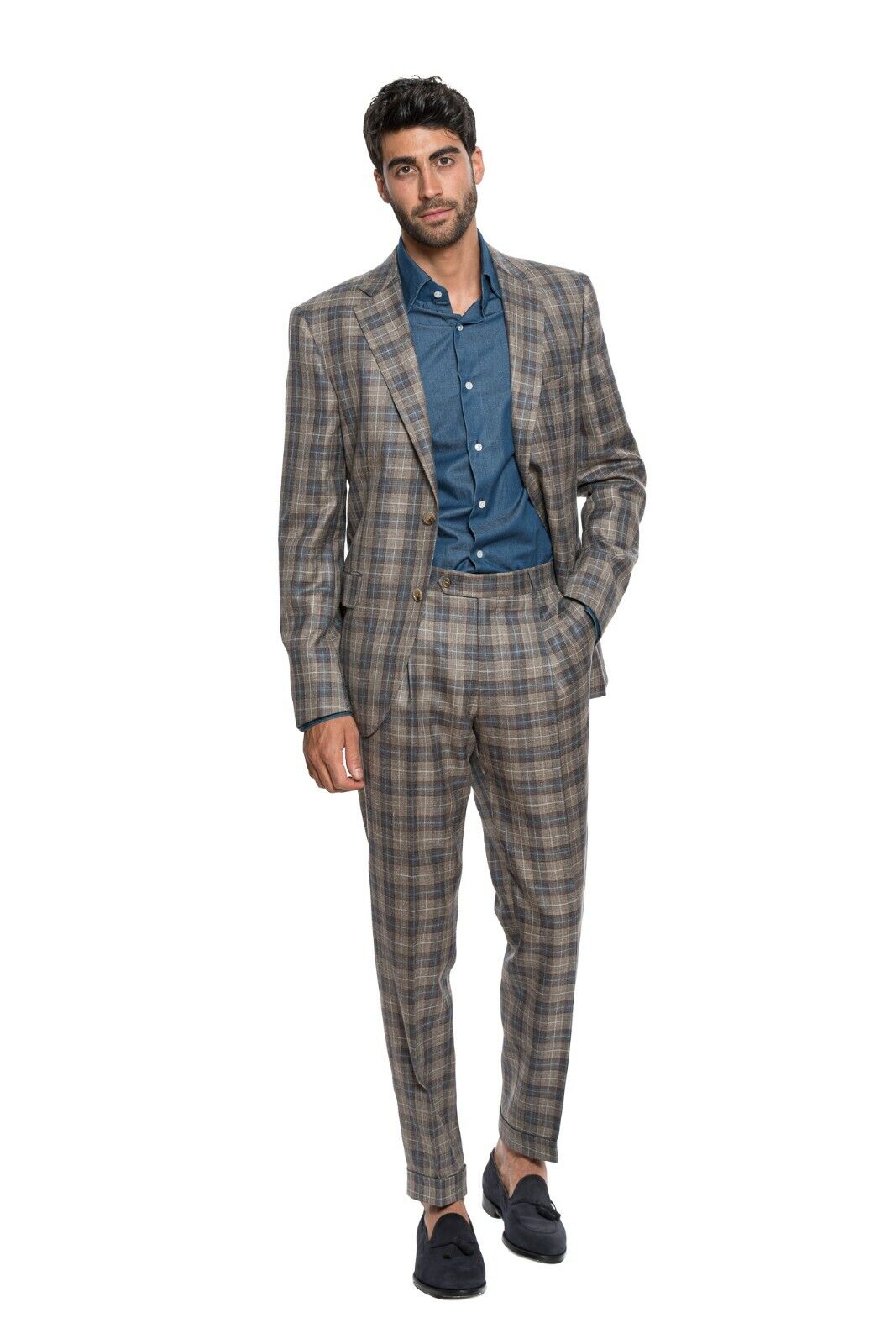 $3190 Belvest Checks Brown Suit Wool Silk Linen 40 US / 50 EU 8R Slim Fit