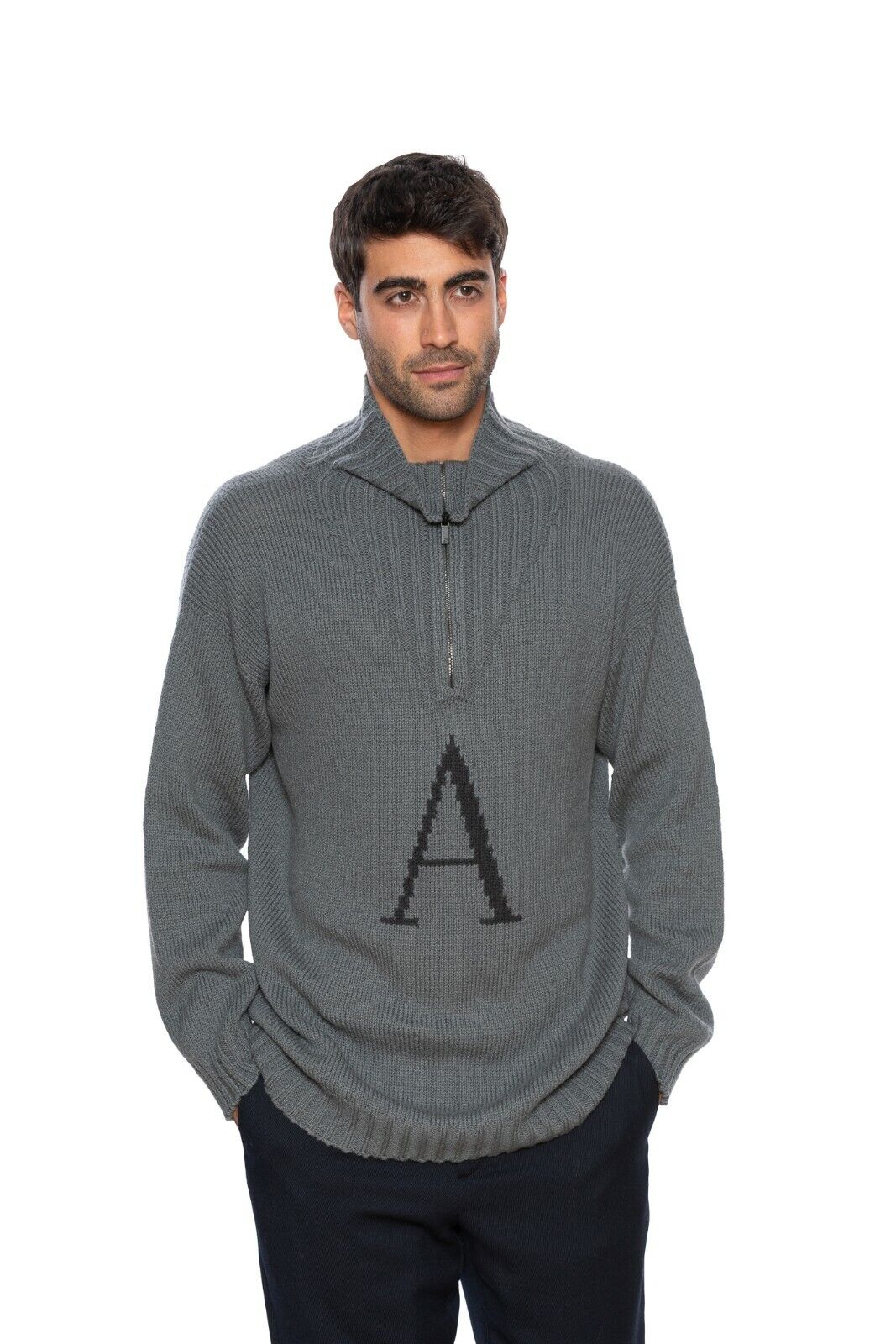 1350$ GIORGIO ARMANI Pullover Sweater with Zip Wool Gray 38 US / 48 EU OVER FIT