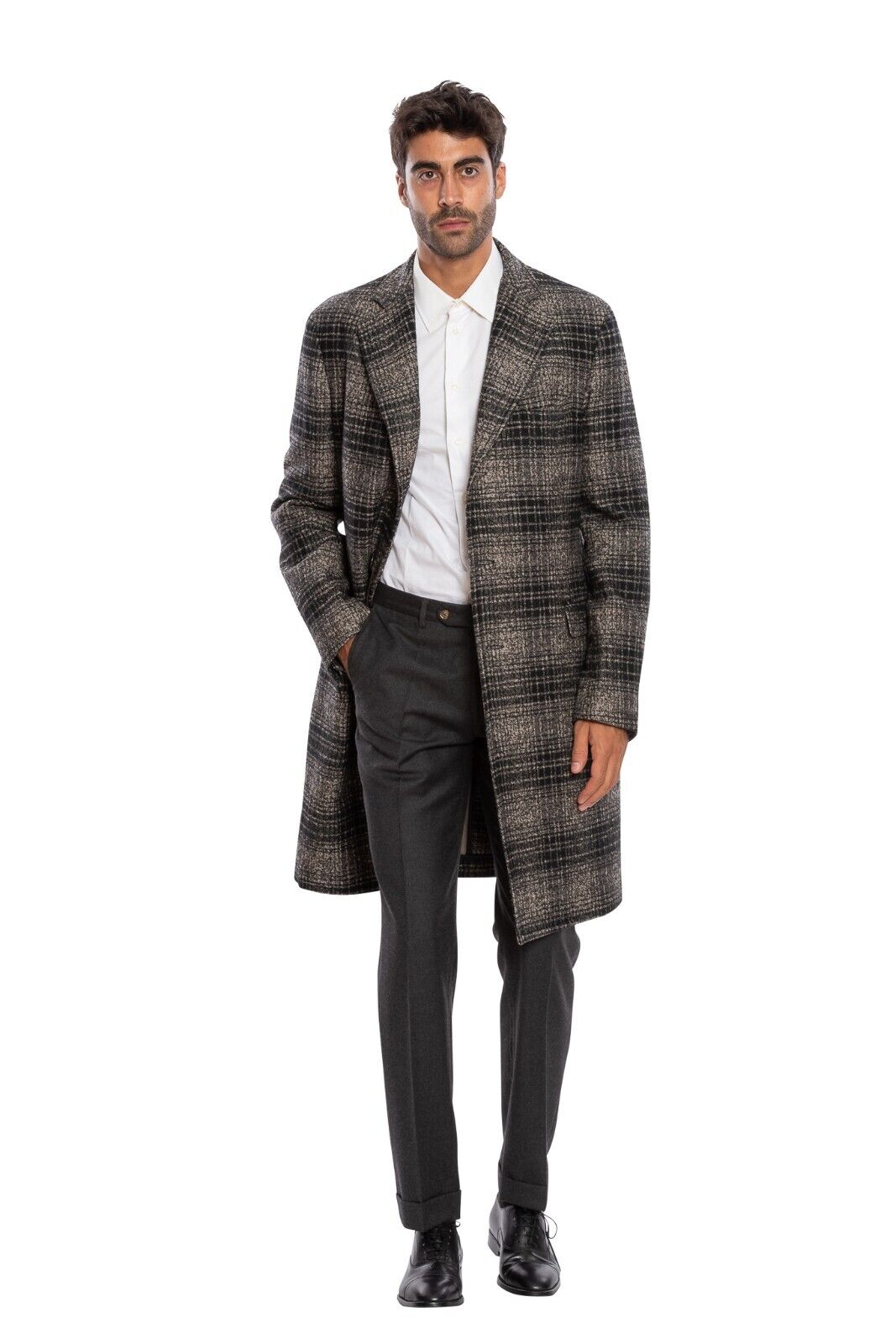 $1800 BOGLIOLI MILANO Single Braested Blue / Gray Coat K.Jacket Wool Blend Check