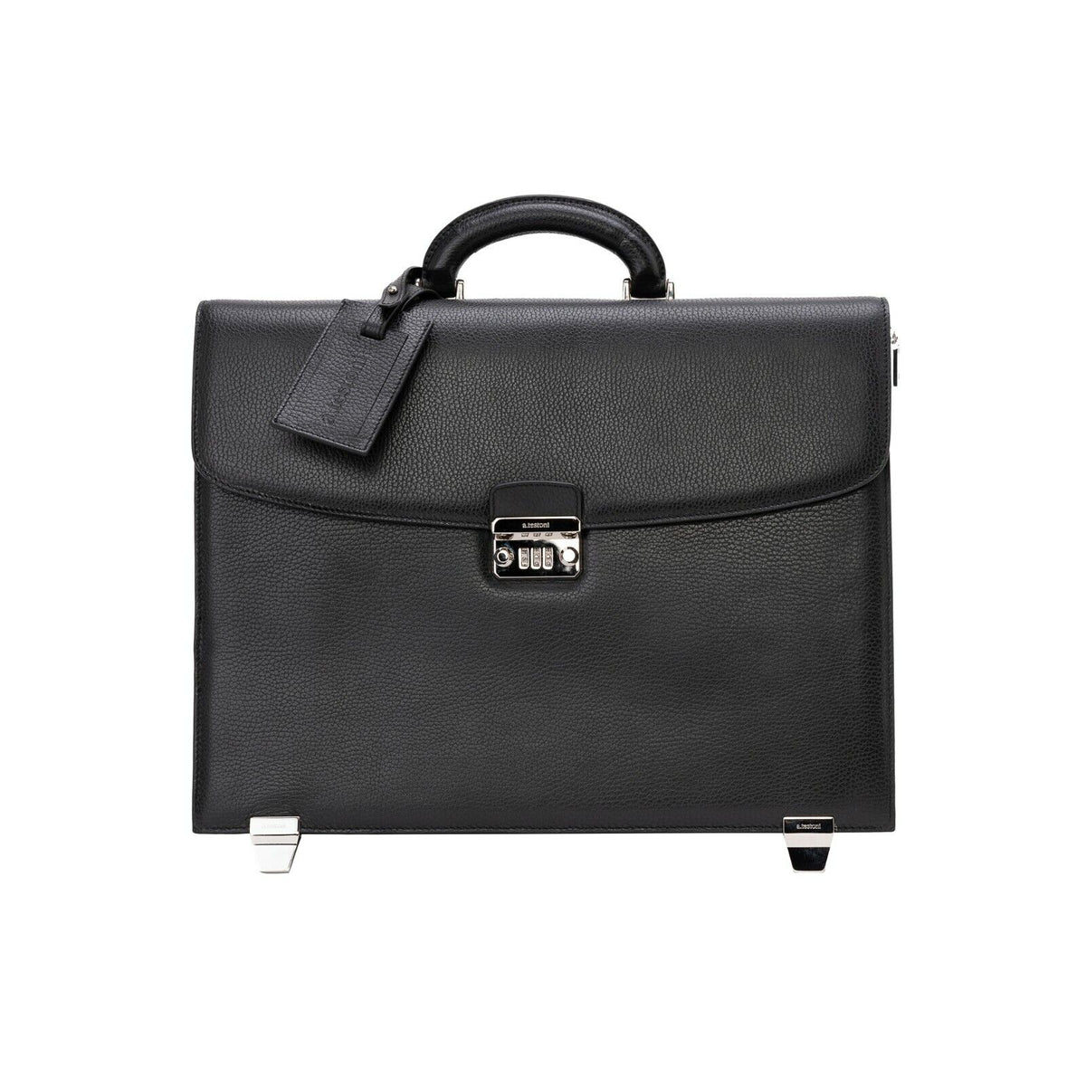 $2890 Testoni Bologna Trolley Briefcase PC Case Black Bright Karibu Calf