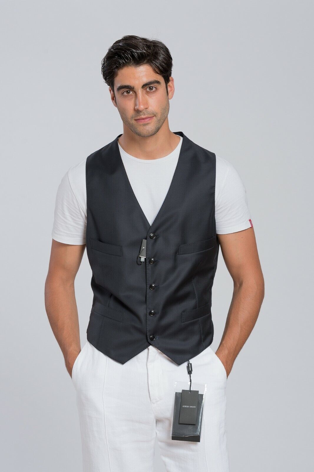 $1280 GIORGIO ARMANI Black Label Vest WOOL CASHMERE Blue Midnight 36 US / 46 EU