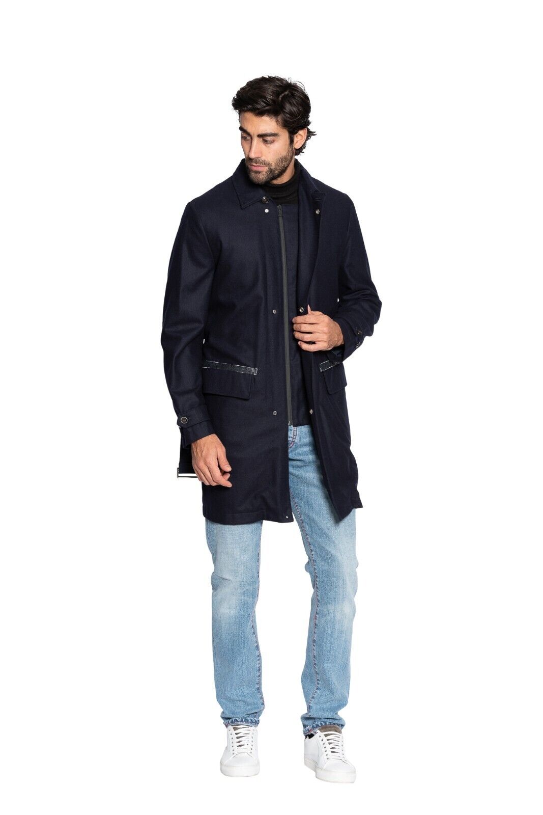950$ MI.DA TOKYO-FIRENZE Trench Coat Blue Navy Wool Lining in CASHPAD (Cashmere)