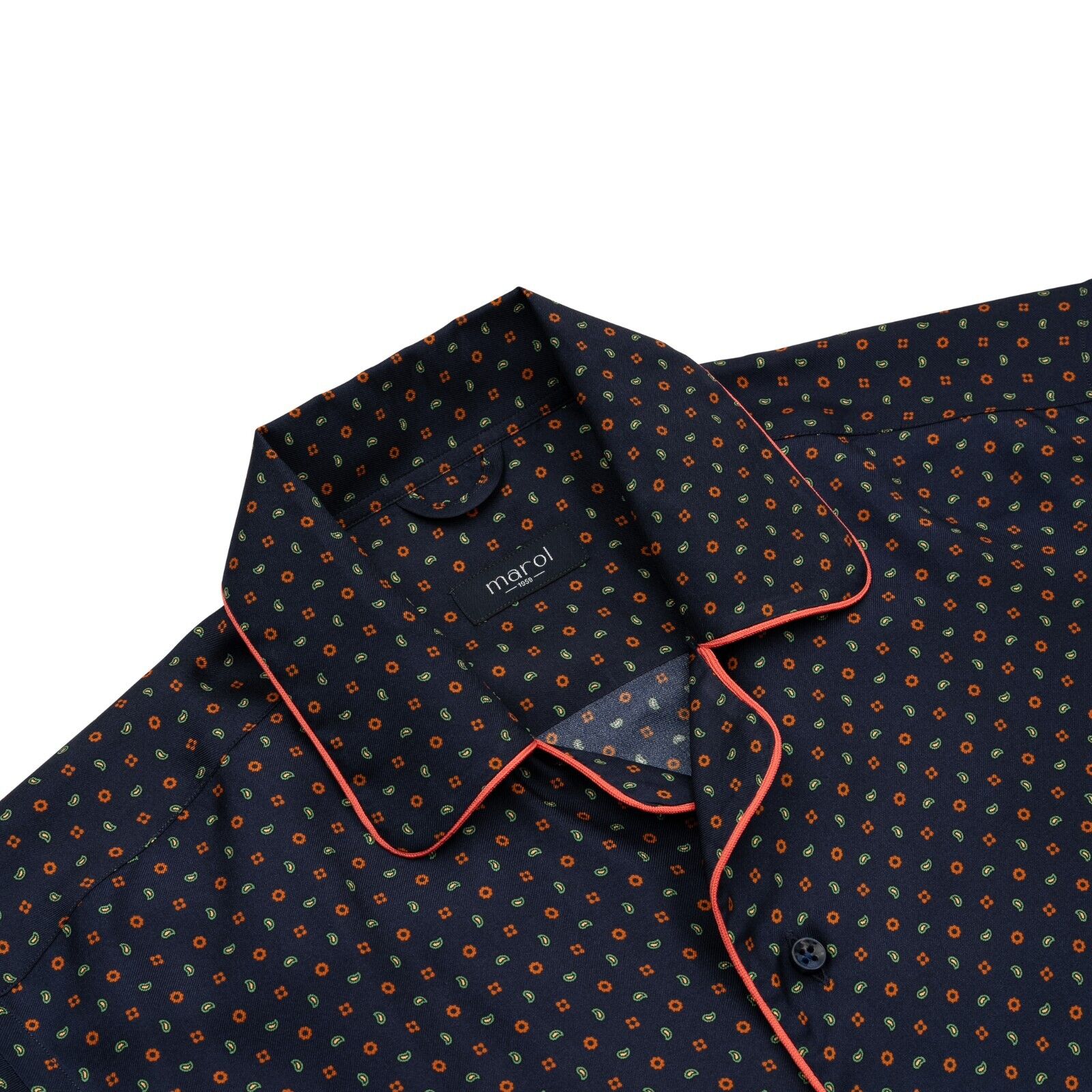 1400$ LUXURY MAROL BOLOGNA Camp Collar Shirt Blue Navy Floral 100% COMO SILK