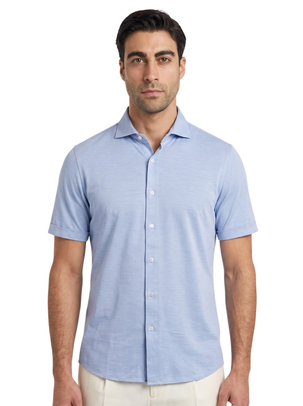 750$ ISAIA "Mix" Light Blue Dress Shirt Hand-Sewn Stretch Cotton Jersey 17 - 43